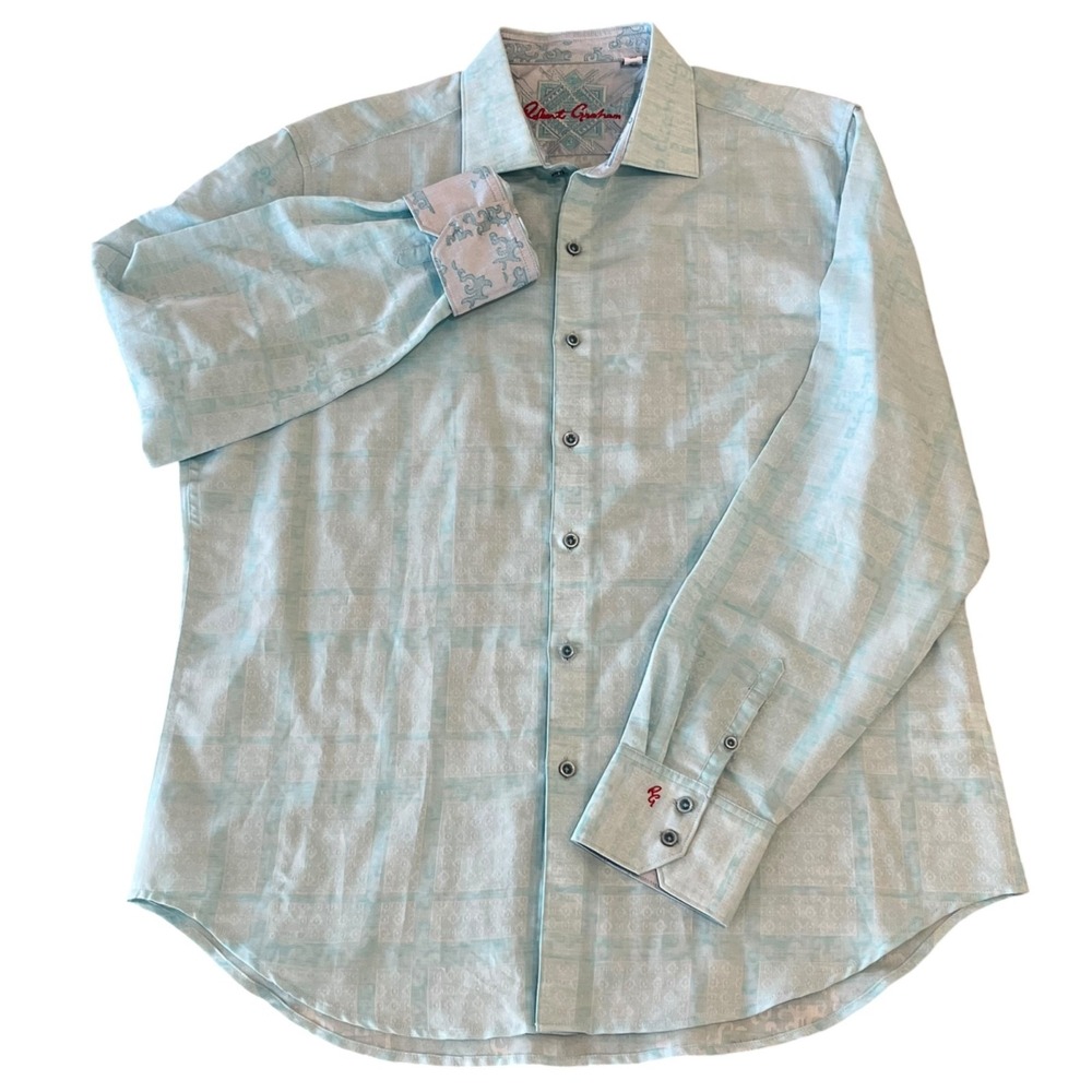 Robert Graham Shirt Mens XL Blue Linen Blend Classic Fit Flip Cuff - Picture 2 of 13